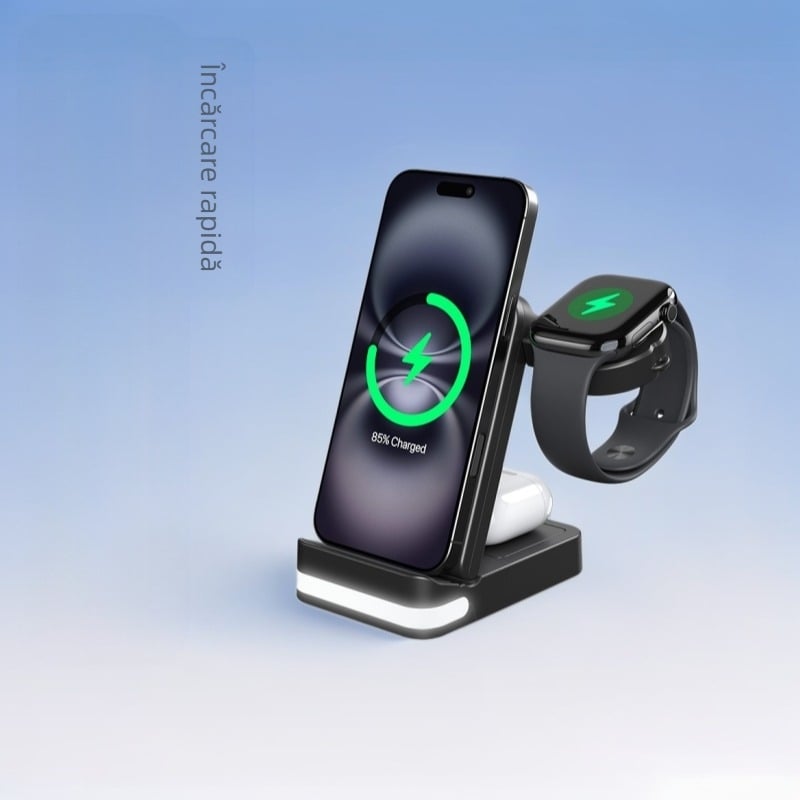 Încărcător wireless 3 în 1 pliabil - 15W încărcare rapidă, QC3.0, încărcare magnetică, CE/FCC/ROHS