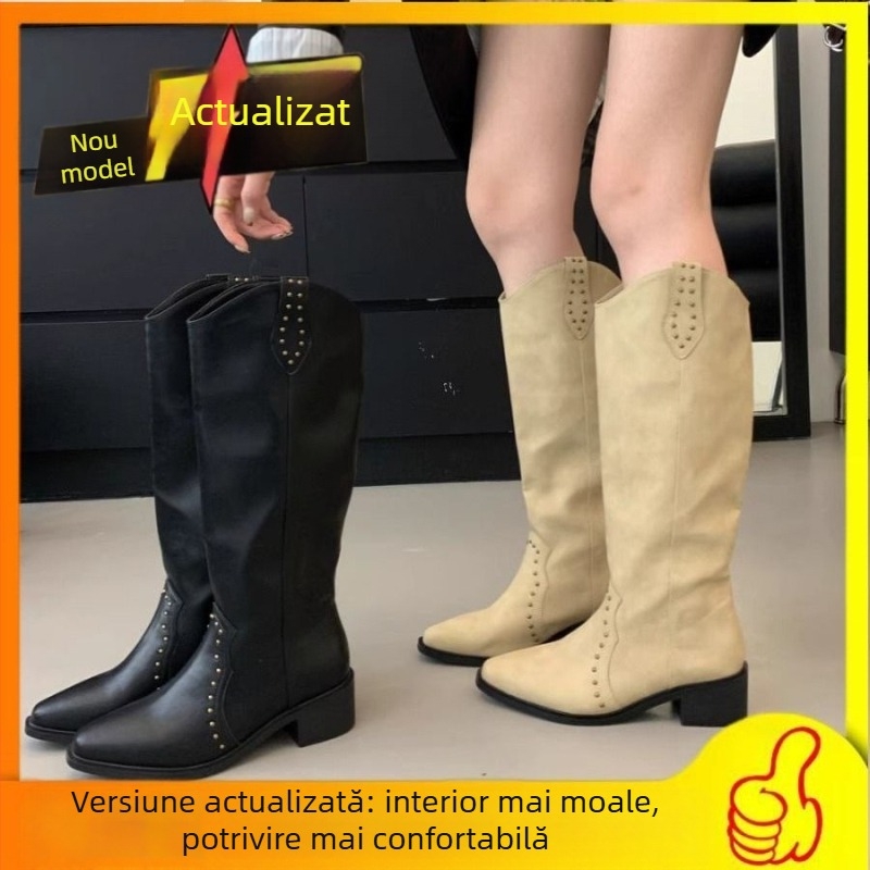 Ghete de cowboy pentru femei, stil vestern, cu gambă înaltă, vârf rotund, slip-on, suprafață Ultra-Fine Fiber, talpă din cauciuc
