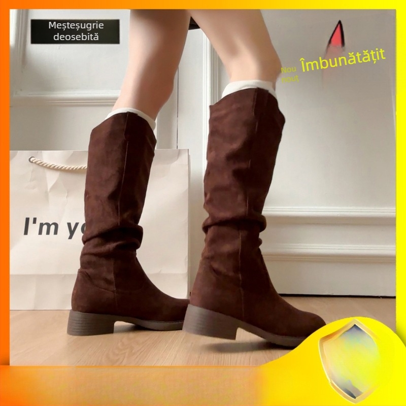 Cizme cu franjuri, stil coreean, gambă înaltă, vârf rotund, toc în formă de pană, piele sintetică superioară