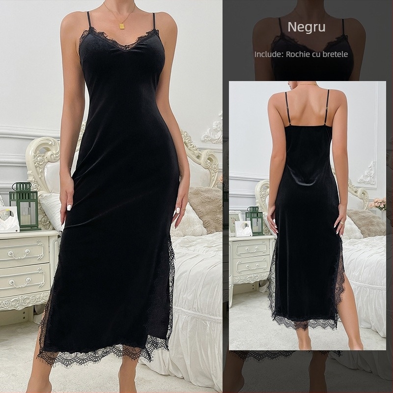 Rochie de noapte din catifea, fără mâneci, cu bretele subțiri, lungă, poliester