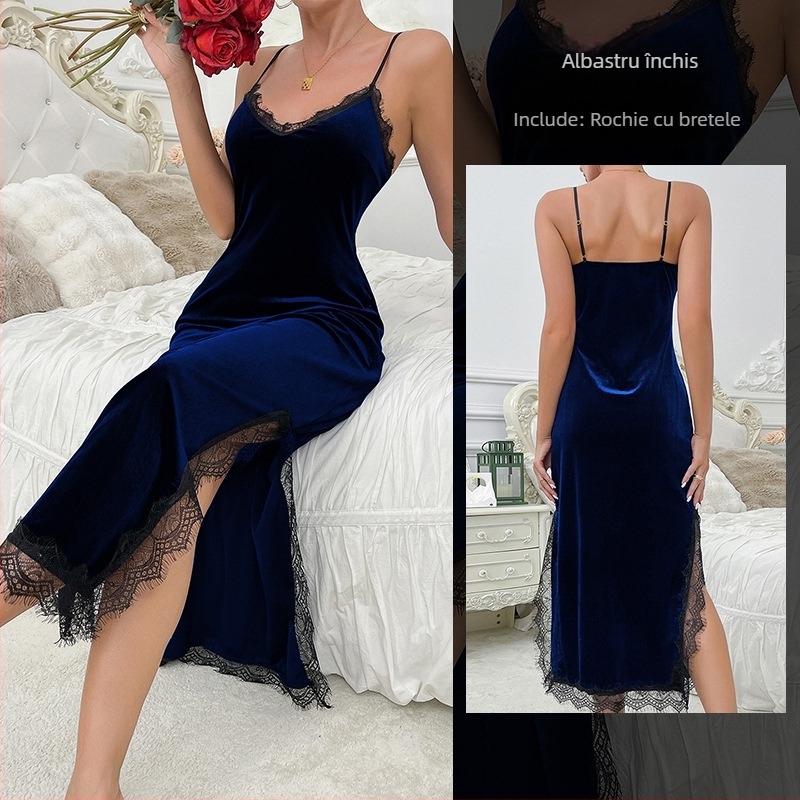 Rochie de noapte din catifea, fără mâneci, cu bretele subțiri, lungă, poliester