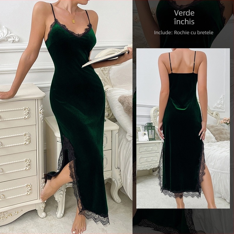 Rochie de noapte din catifea, fără mâneci, cu bretele subțiri, lungă, poliester