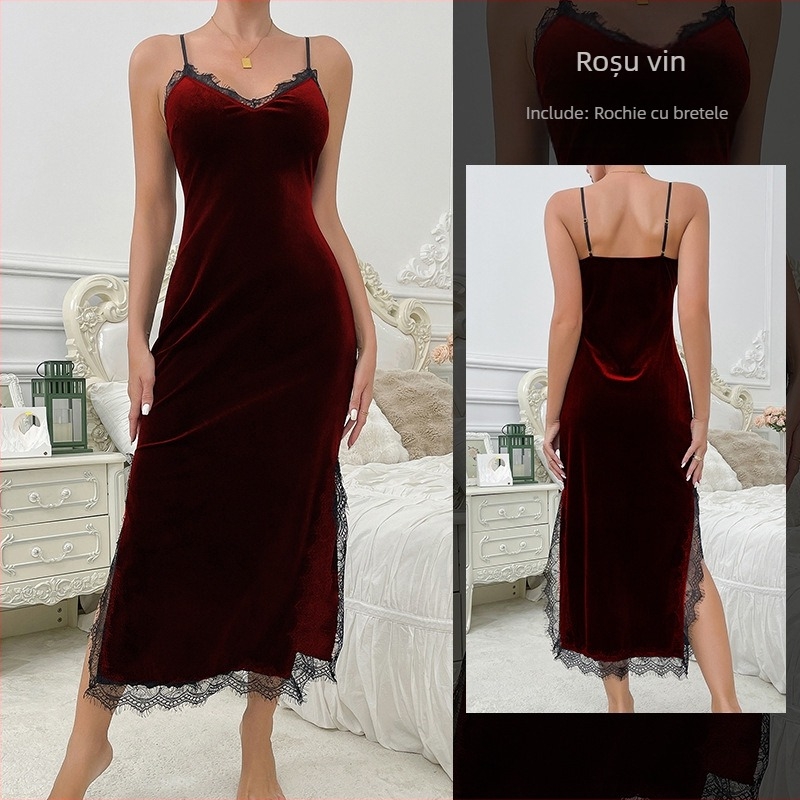 Rochie de noapte din catifea, fără mâneci, cu bretele subțiri, lungă, poliester
