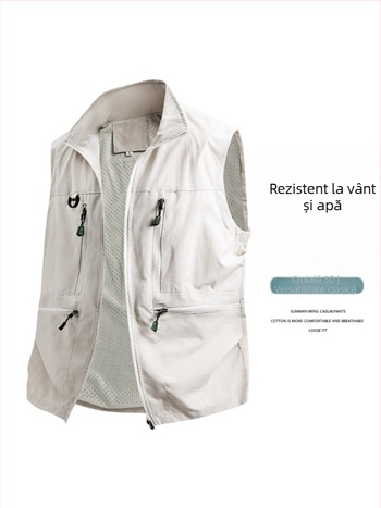Vesta de lucru pentru bărbați - croială lejeră, guler înalt, fermoar, buzunare multiple, țesătură poliester respirabil, culoare uni, pentru primăvară–toamnă