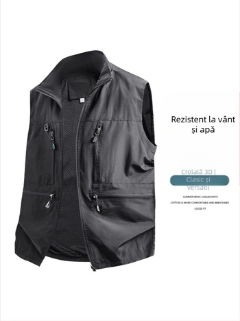 Vesta de lucru pentru bărbați - croială lejeră, guler înalt, fermoar, buzunare multiple, țesătură poliester respirabil, culoare uni, pentru primăvară–toamnă