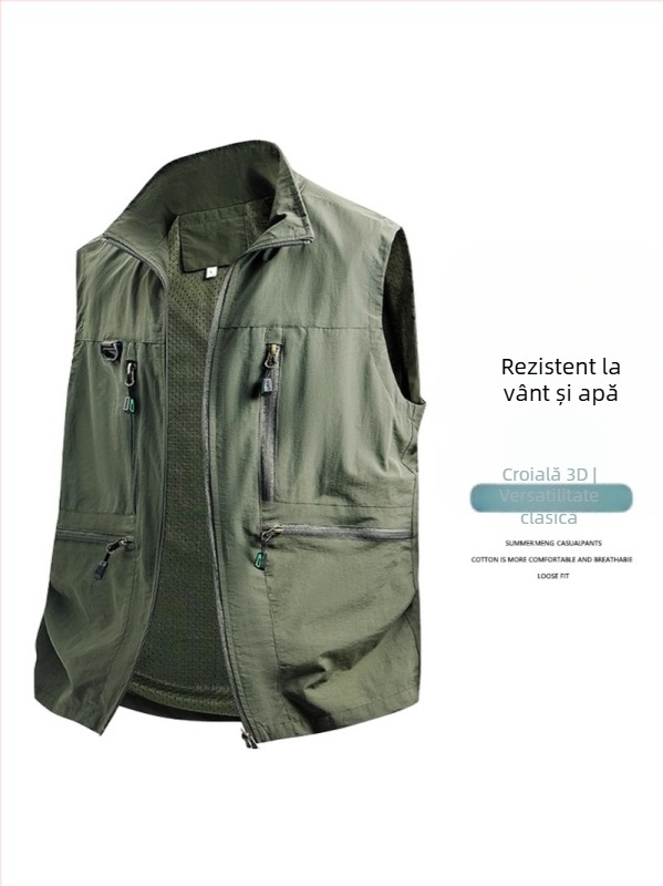 Vesta de lucru pentru bărbați - croială lejeră, guler înalt, fermoar, buzunare multiple, țesătură poliester respirabil, culoare uni, pentru primăvară–toamnă