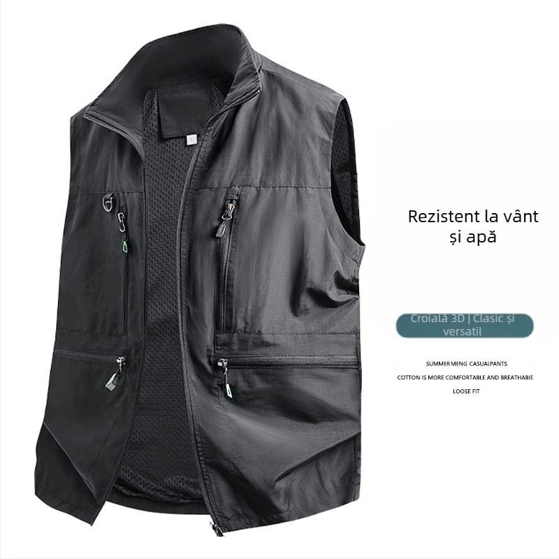 Vesta de lucru pentru bărbați - croială lejeră, guler înalt, fermoar, buzunare multiple, țesătură poliester respirabil, culoare uni, pentru primăvară–toamnă