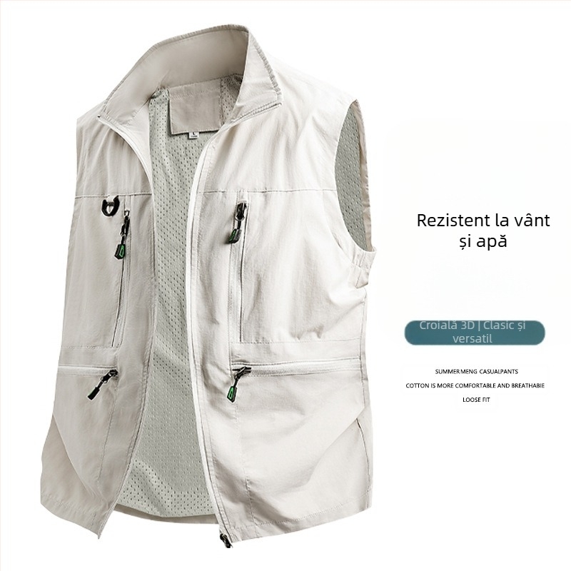 Vesta de lucru pentru bărbați - croială lejeră, guler înalt, fermoar, buzunare multiple, țesătură poliester respirabil, culoare uni, pentru primăvară–toamnă