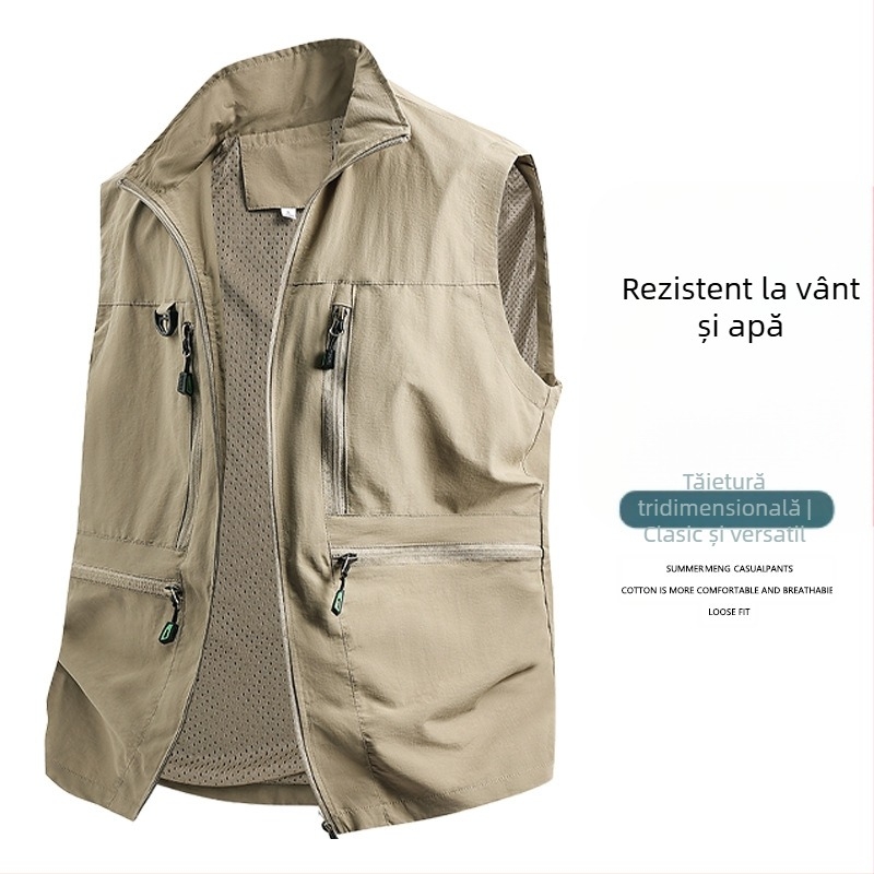 Vesta de lucru pentru bărbați - croială lejeră, guler înalt, fermoar, buzunare multiple, țesătură poliester respirabil, culoare uni, pentru primăvară–toamnă
