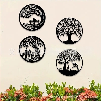 Set de patru siluete din fier – Arborele Vieții, decor de perete geometric, modern minimalist pentru casă, sufragerie, dormitor