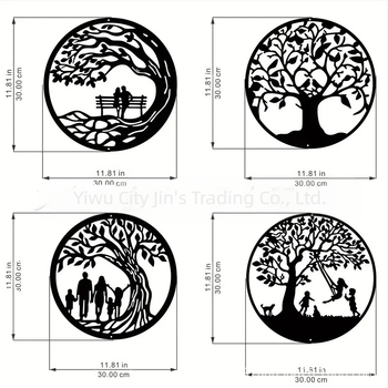 Set de patru siluete din fier – Arborele Vieții, decor de perete geometric, modern minimalist pentru casă, sufragerie, dormitor