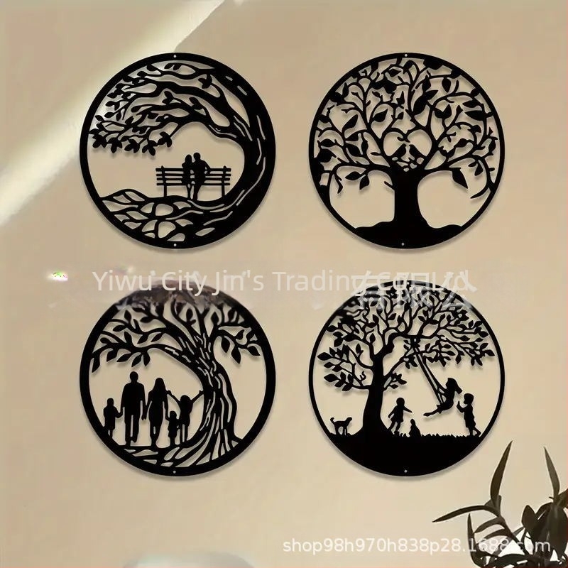 Set de patru siluete din fier – Arborele Vieții, decor de perete geometric, modern minimalist pentru casă, sufragerie, dormitor