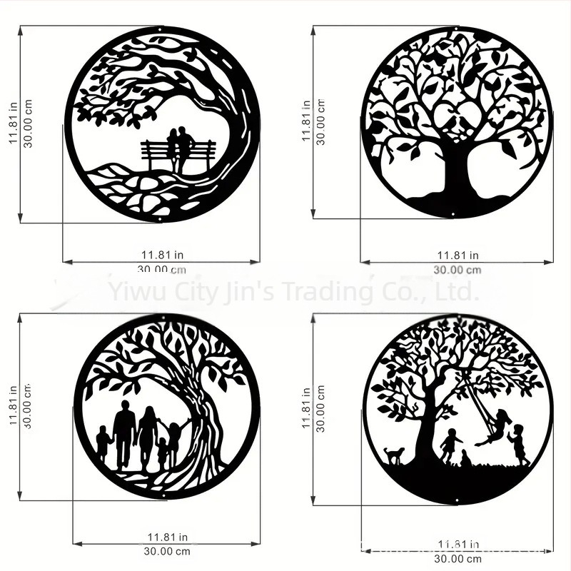 Set de patru siluete din fier – Arborele Vieții, decor de perete geometric, modern minimalist pentru casă, sufragerie, dormitor