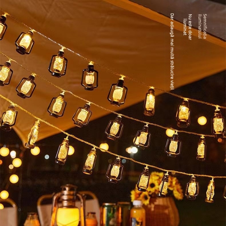 Șir de lumini LED din sticlă de kerosen pentru camping – alimentare cu baterie și USB, tensiune de intrare ≤36V, control prin buton, IP54, model: Kerosene light string