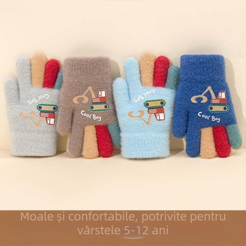 Mănuși tricotate pentru copii, cu excavator desen animat – calde, imprimare, pentru 5–12 ani