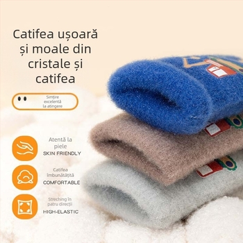 Mănuși tricotate pentru copii, cu excavator desen animat – calde, imprimare, pentru 5–12 ani