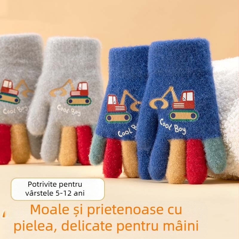 Mănuși tricotate pentru copii, cu excavator desen animat – calde, imprimare, pentru 5–12 ani