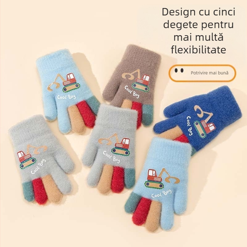 Mănuși tricotate pentru copii, cu excavator desen animat – calde, imprimare, pentru 5–12 ani