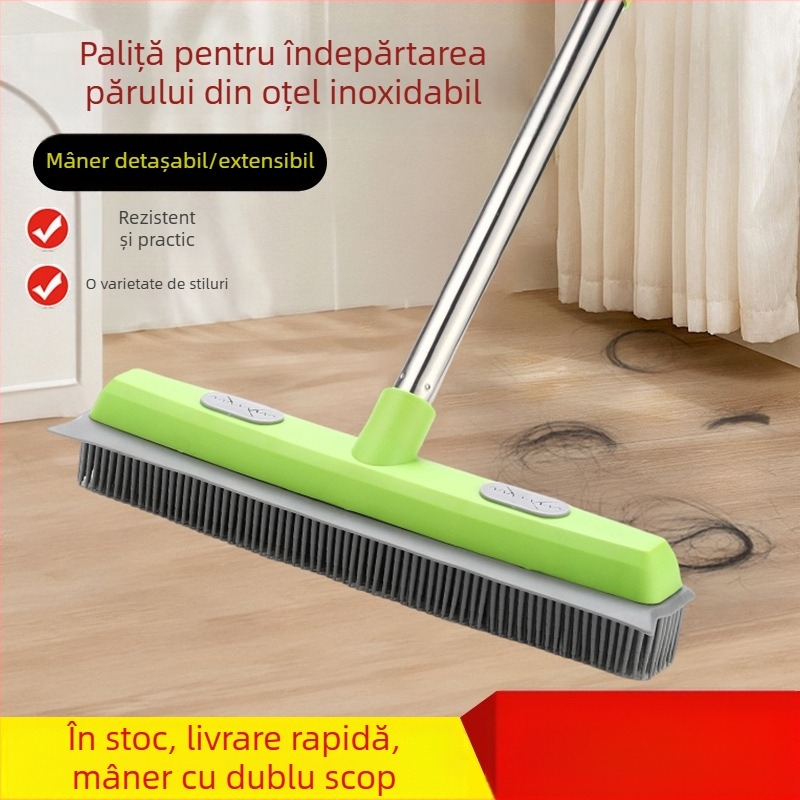 Curățare covoare pentru păr de animale, mop fără mâini, perie de podea din cauciuc, PP/TPR, țeavă din oțel inoxidabil