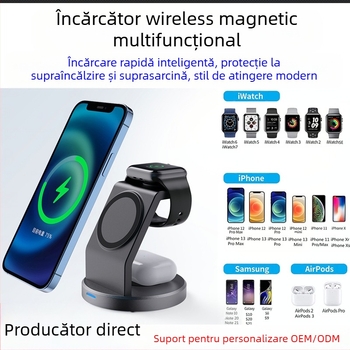 Încărcător wireless magnetic 3-în-1 cu suport vertical pentru telefon și dock pentru ceas – 15W încărcare rapidă QC3.0, universal