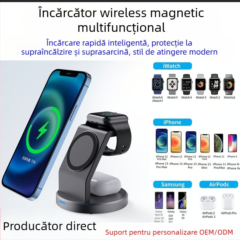 Încărcător wireless magnetic 3-în-1 cu suport vertical pentru telefon și dock pentru ceas – 15W încărcare rapidă QC3.0, universal