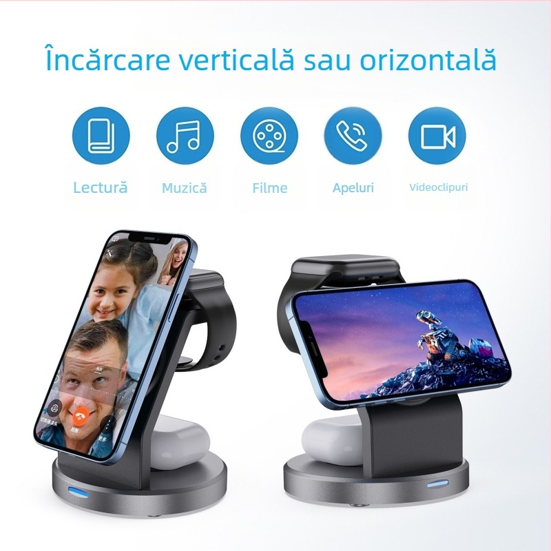 Încărcător wireless magnetic 3-în-1 cu suport vertical pentru telefon și dock pentru ceas – 15W încărcare rapidă QC3.0, universal