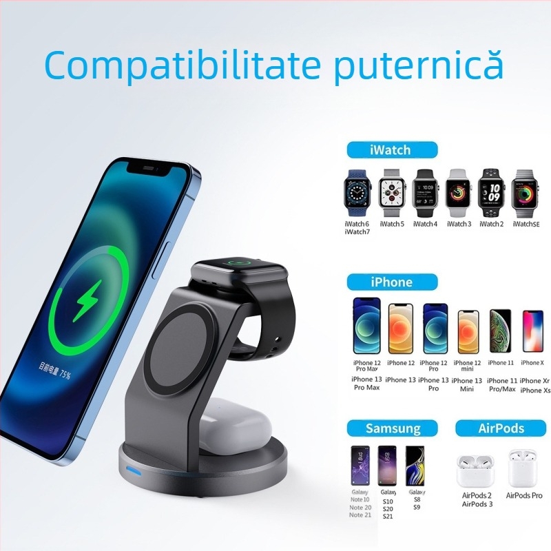 Încărcător wireless magnetic 3-în-1 cu suport vertical pentru telefon și dock pentru ceas – 15W încărcare rapidă QC3.0, universal