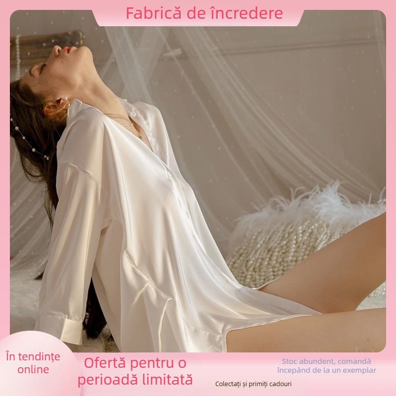 Rochie de noapte din mătase cu broderie, guler înalt, mâneci 3/4, 100% tussah mătase, lungime fustă