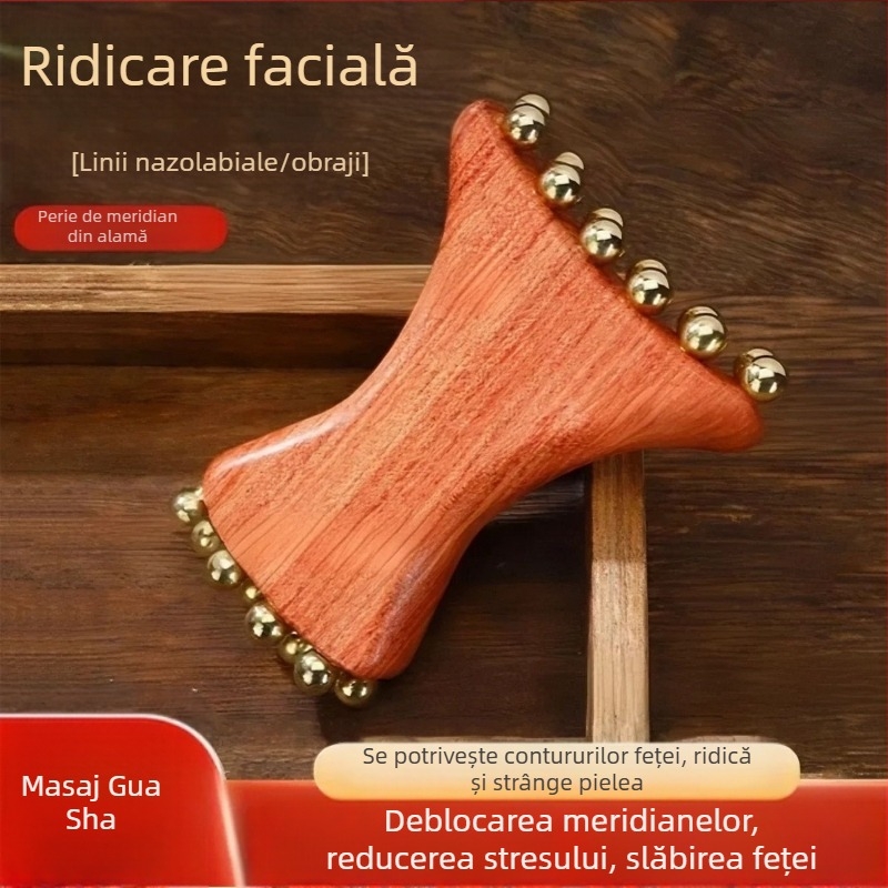Instrument de masaj facial cu Huanghuali Rosewood și mărgele din alamă, construcție din lemn, 90 g, brand Ruilin