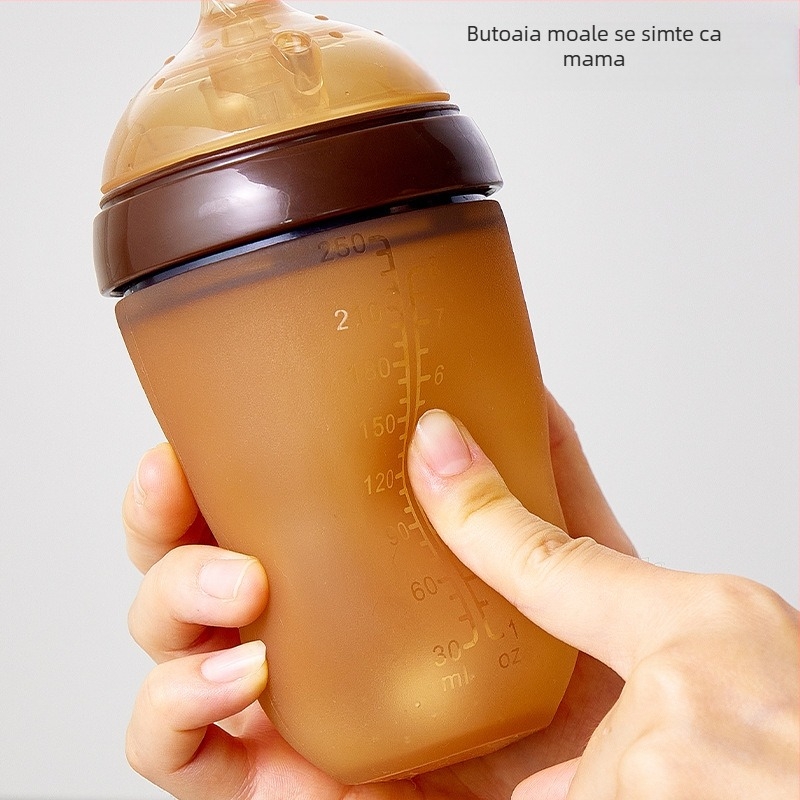 Sticlă de hrănire din silicon Yixin, cu gură largă, formă conică, cu mâner, logo tipărit