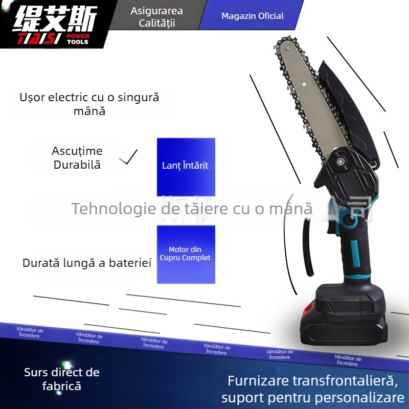 Ferăstrău cu lanț electric, fără fir, portabil, baterie Li-ion, putere mare (baterie Li-ion de 21V, materialul lanțului: oțel, intervalul de tensiune: AC monophasic și DC ≤ 50V)