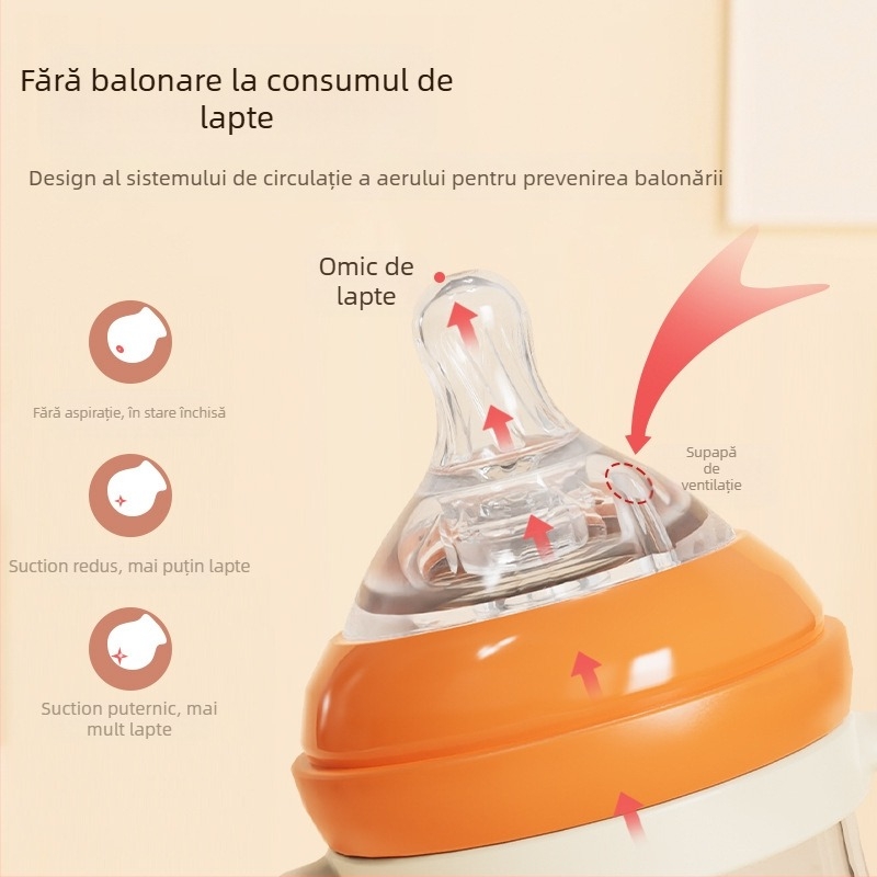 Biberon pentru bebeluși cu gură largă, din PP, design curbat, anti-inghițire, anti-flatulențe, cu mâner