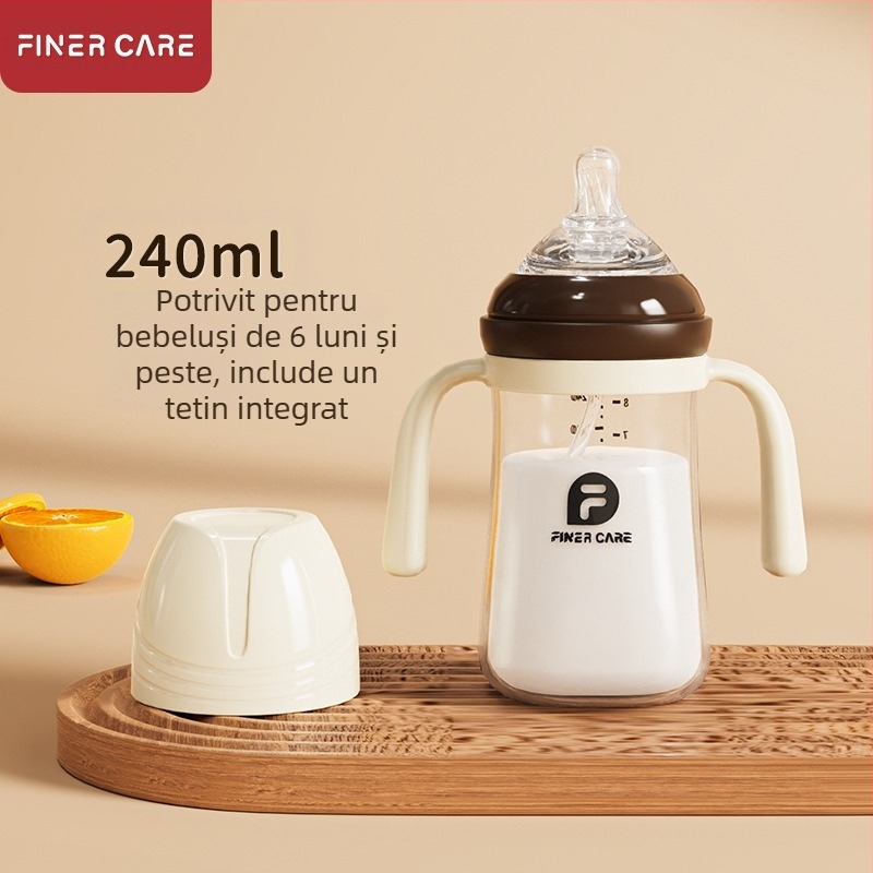 Biberon pentru bebeluși cu gură largă, din PP, design curbat, anti-inghițire, anti-flatulențe, cu mâner