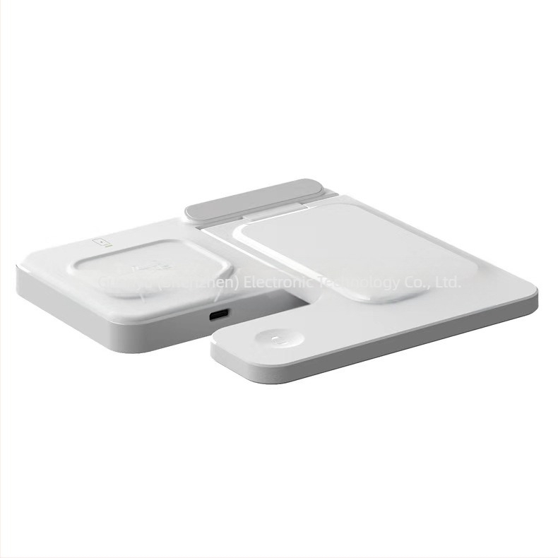 Încărcător wireless pliabil 3-în-1 cu stand magnetic pentru telefon, ceas și căști; ieșire 15W, intrare 9V/2A, QC3.0.