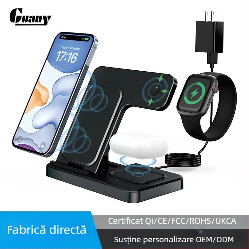 Încărcător wireless pliabil 3-în-1 cu stand magnetic pentru telefon, ceas și căști; ieșire 15W, intrare 9V/2A, QC3.0.