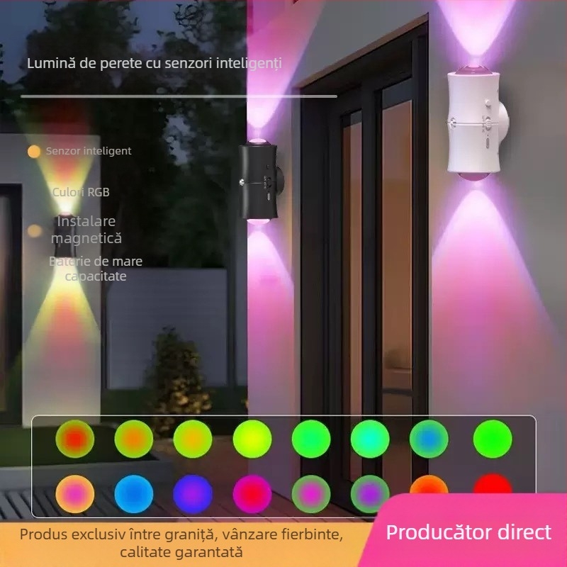 Lampa de perete cu senzor de mișcare, alimentare cu baterie, capete duble, încărcare magnetică, carcasă ABS