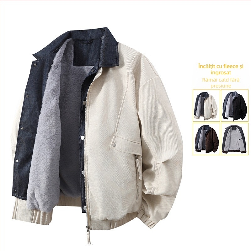Geacă bărbătească în stil workwear japonez, guler cu rever, fermoar, model cu buline, țesătură jacquard