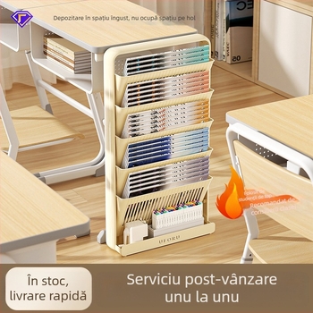 Bibliotecă pe podea cu 5 etaje și organizator de cărți lângă birou în clasă, din plastic, stil modern minimalist, pliabil