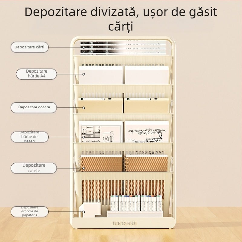 Bibliotecă pe podea cu 5 etaje și organizator de cărți lângă birou în clasă, din plastic, stil modern minimalist, pliabil