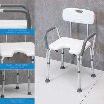 Scaun de baie din aliaj de aluminiu pentru persoane în vârstă, scaun de duș antiderapant, EVA padding, capacitate 100 kg, model YK-Y07