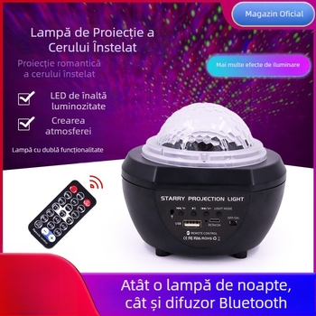 Lampă de proiecție cer înstelat Bluetooth, reîncărcabilă, pentru dormitor, cu telecomandă și sunet, proiecție lună și efecte de valuri