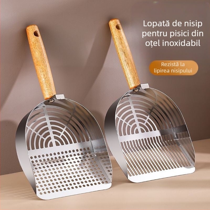 Lingură din oțel inoxidabil pentru nisip de pisică, cu găuri mari și mici integrate, ușor de curățat, model Tx-089