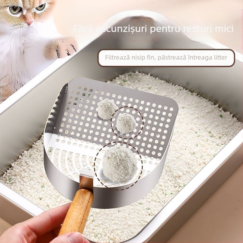 Lingură din oțel inoxidabil pentru nisip de pisică, cu găuri mari și mici integrate, ușor de curățat, model Tx-089