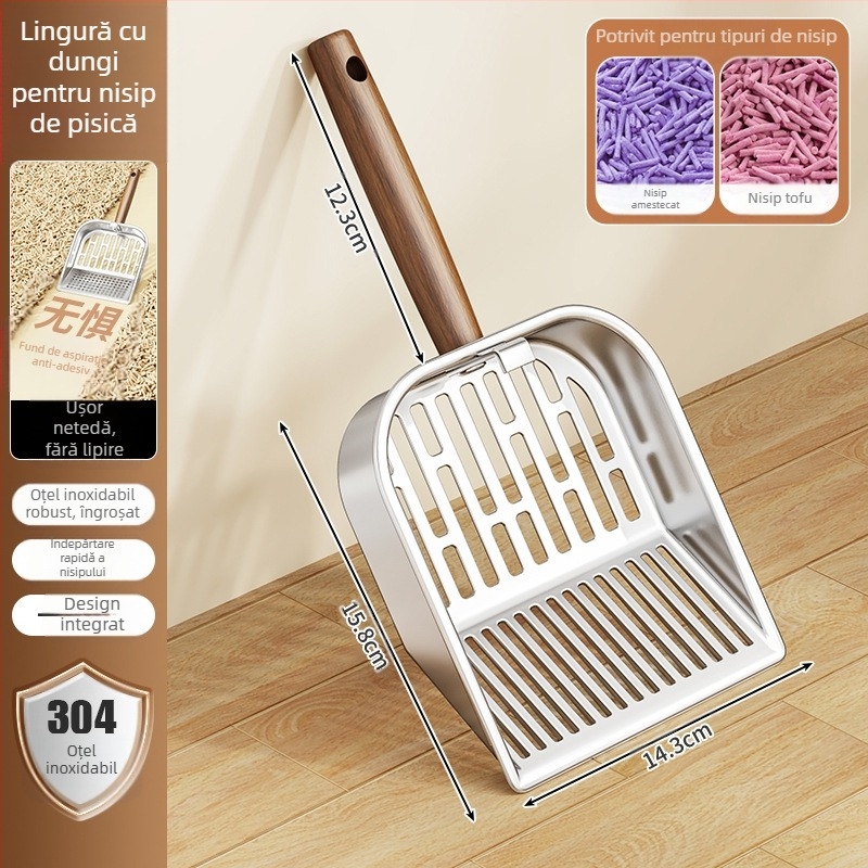 Lopată pentru nisip de pisici din oțel inoxidabil, fund antiaderent, rețea fină, design gros