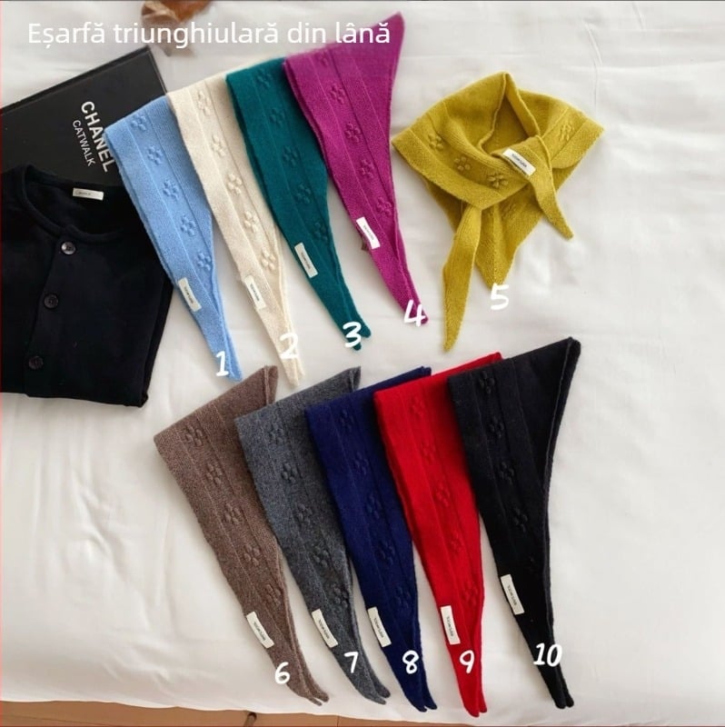 Fular triunghiular mic din lână, în stil coreean, imprimeu floral, pentru femei, pentru gât/umeri, 72×50 cm