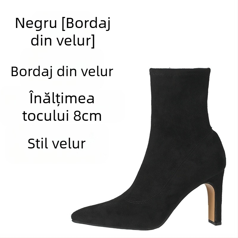 Ghete Martin pentru femei cu vârf ascuțit, toc gros de înălțime medie (3–5 cm), partea superioară din microfibră, talpă din cauciuc, fermoar lateral