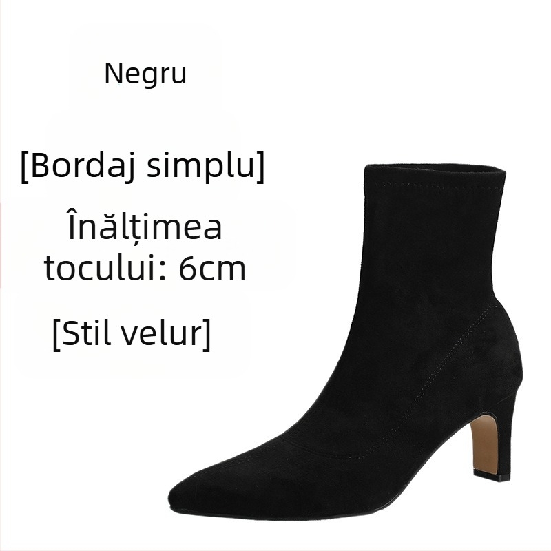 Ghete Martin pentru femei cu vârf ascuțit, toc gros de înălțime medie (3–5 cm), partea superioară din microfibră, talpă din cauciuc, fermoar lateral