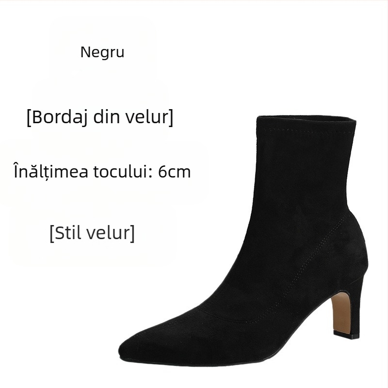 Ghete Martin pentru femei cu vârf ascuțit, toc gros de înălțime medie (3–5 cm), partea superioară din microfibră, talpă din cauciuc, fermoar lateral