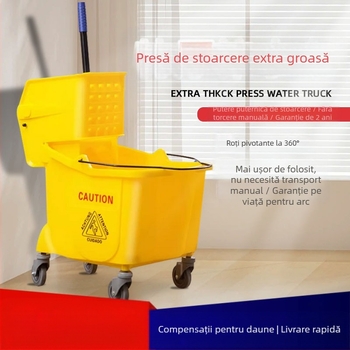 Găleată pentru mop cu mecanism de stoarcere răsucitoare; mop din bumbac; tijă din plastic; randament de uscare 80-90%; capacitate de încărcare sub 10 kg