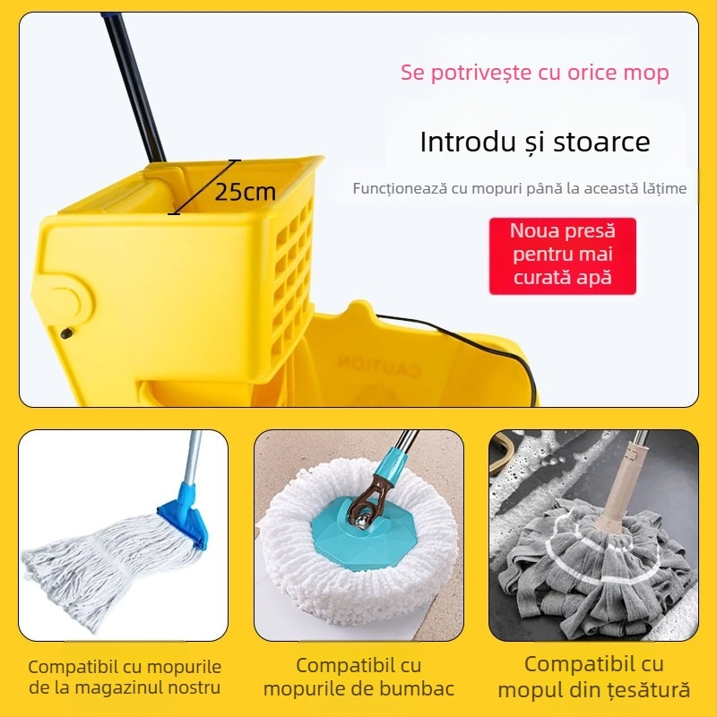 Găleată pentru mop cu mecanism de stoarcere răsucitoare; mop din bumbac; tijă din plastic; randament de uscare 80-90%; capacitate de încărcare sub 10 kg